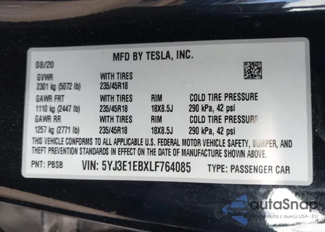 2020 Tesla Model 3 Long Range Dual Motor All-Wheel Drive from USA, damaged, VIN 5YJ3E1EBXLF764085